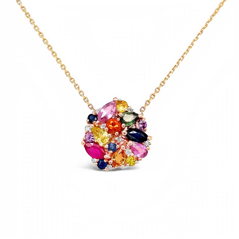 Rose 14 Karat Cluster Necklace with 10=0.11tw Round Brilliant G VS Diamonds and  15=2.90tw Various Shapes Sapphires